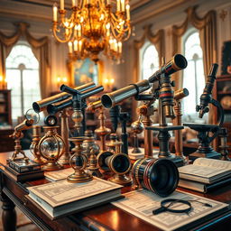 A vibrant collection of optical instruments displayed on a sophisticated wooden table, including telescopes, microscopes, and camera lenses