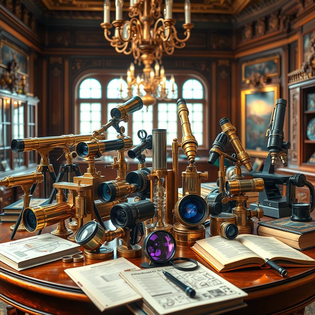 A vibrant collection of optical instruments displayed on a sophisticated wooden table, including telescopes, microscopes, and camera lenses