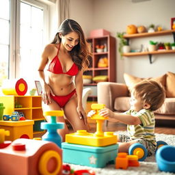 A playful scene featuring a sexy nanny in a vibrant red bikini, engaging with a young boy joyfully playing with his toys in a bright and cheerful living room