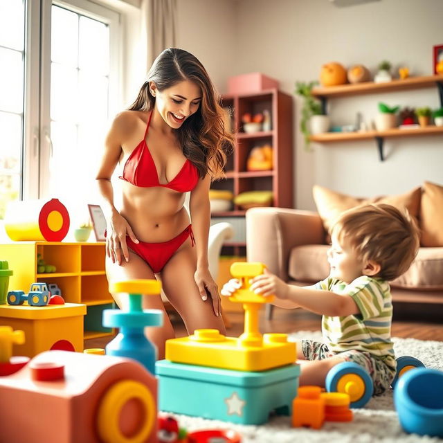 A playful scene featuring a sexy nanny in a vibrant red bikini, engaging with a young boy joyfully playing with his toys in a bright and cheerful living room