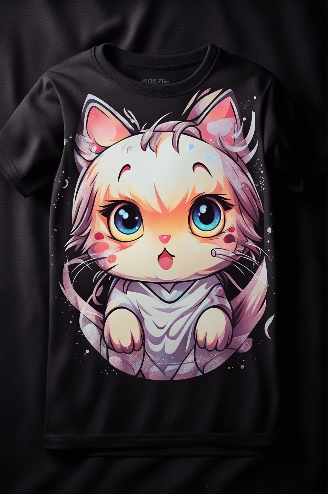 A 32k HD product editorial photo of a graphic tee featuring a design of an adorable anime cat