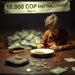 A dramatic miniature scene depicting the struggle of a person in a challenging eating challenge with only 10,000 Colombian pesos