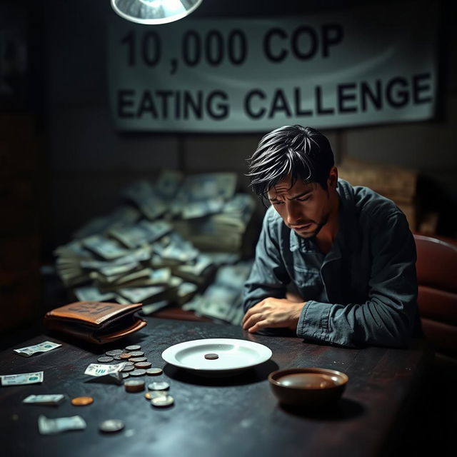 A dramatic miniature scene depicting the struggle of a person in a challenging eating challenge with only 10,000 Colombian pesos