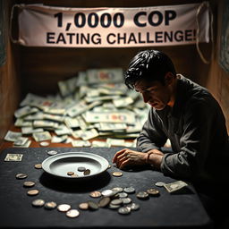 A dramatic miniature scene depicting the struggle of a person in a challenging eating challenge with only 10,000 Colombian pesos
