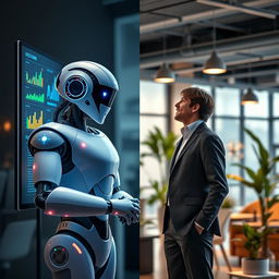 A split-screen image depicting a futuristic workplace scene