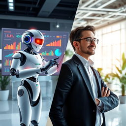 A split-screen image depicting a futuristic workplace scene