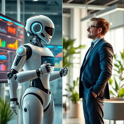 A split-screen image depicting a futuristic workplace scene