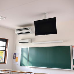A classroom interior featuring a well-organized space with a television mounted high above a blackboard