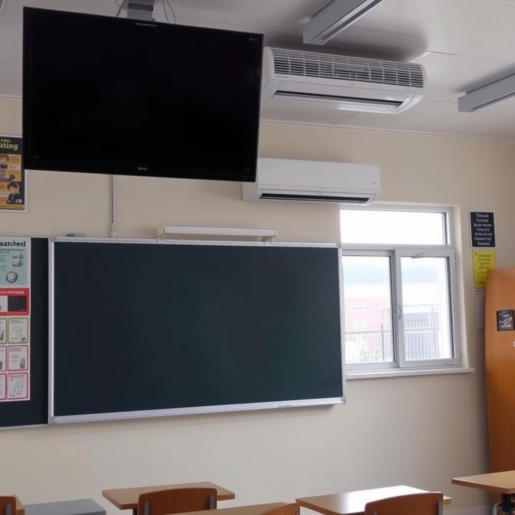 A classroom interior featuring a well-organized space with a television mounted high above a blackboard