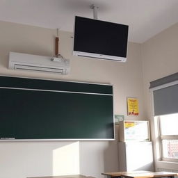 A classroom interior featuring a well-organized space with a television mounted high above a blackboard