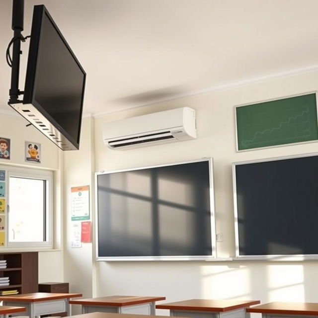 A classroom interior featuring a well-organized space with a television mounted high above a blackboard