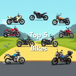 A vibrant and dynamic illustration displaying the top 5 bikes in the world, featuring detailed images of each bike model