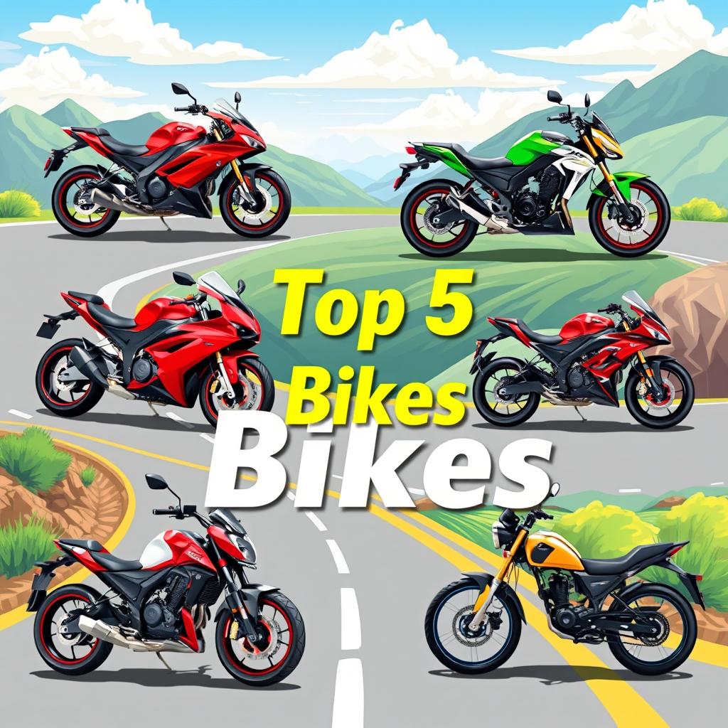 A vibrant and dynamic illustration displaying the top 5 bikes in the world, featuring detailed images of each bike model