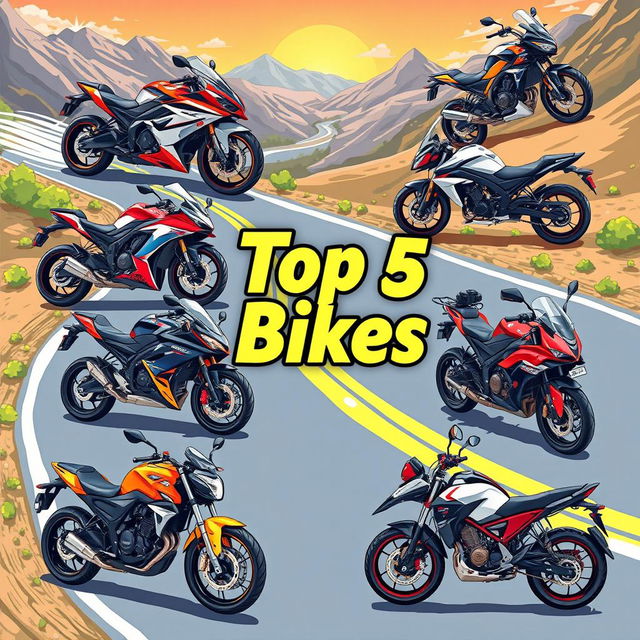 A vibrant and dynamic illustration displaying the top 5 bikes in the world, featuring detailed images of each bike model