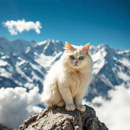 A majestic snow-white cat, resembling a Persian breed, perched on a rocky outcrop amidst the breathtaking Himalayas