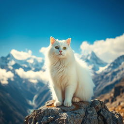 A majestic snow-white cat, resembling a Persian breed, perched on a rocky outcrop amidst the breathtaking Himalayas