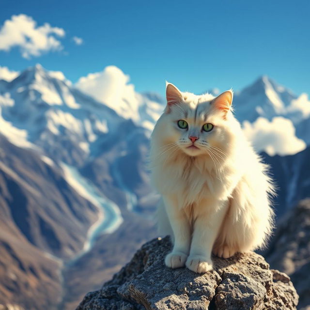 A majestic snow-white cat, resembling a Persian breed, perched on a rocky outcrop amidst the breathtaking Himalayas