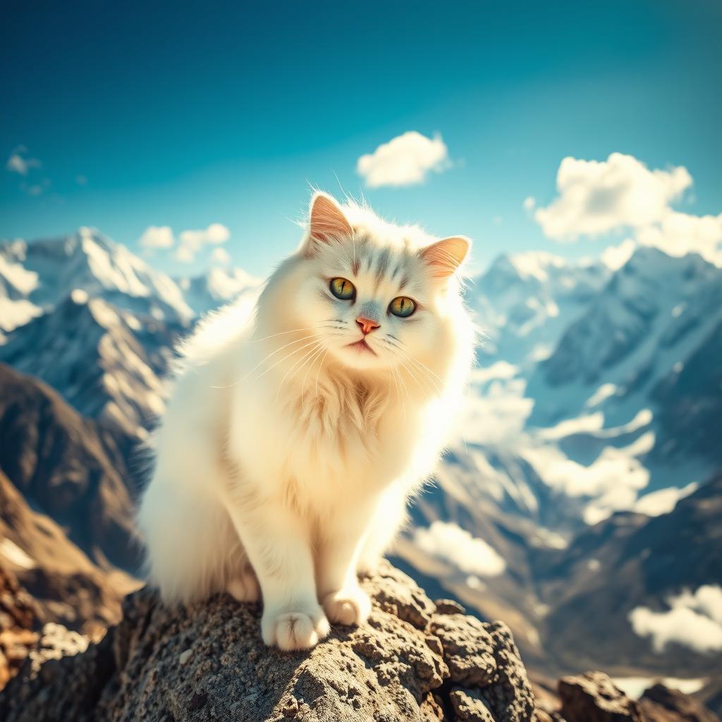 A majestic snow-white cat, resembling a Persian breed, perched on a rocky outcrop amidst the breathtaking Himalayas