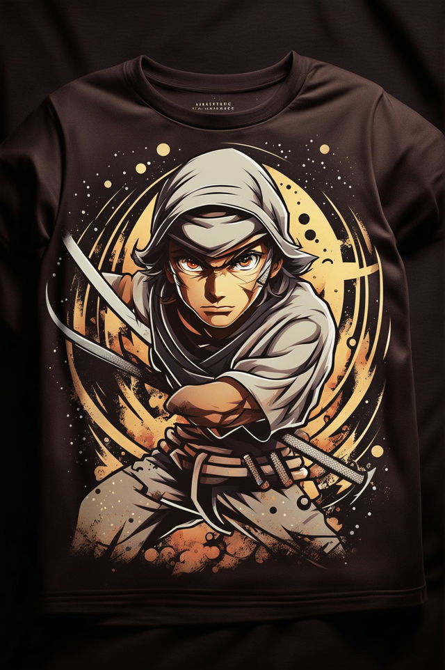 A 32k HD product editorial photo of a graphic tee featuring a design of an anime-style ninja