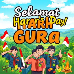 A vibrant and colorful poster to celebrate Teacher's Day in Indonesia, featuring a Scouting theme
