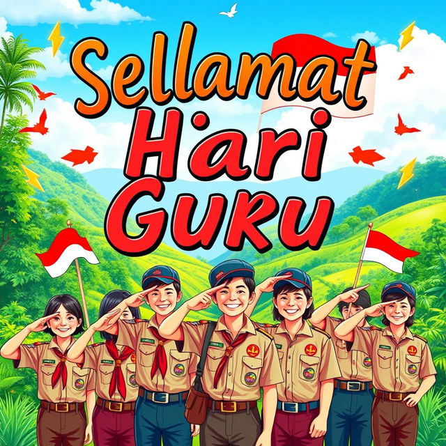 A vibrant and colorful poster to celebrate Teacher's Day in Indonesia, featuring a Scouting theme