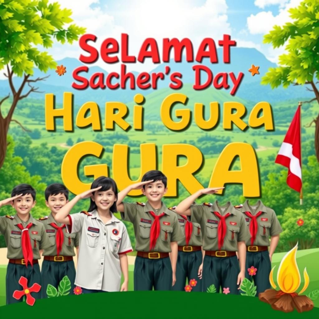 A vibrant and colorful poster to celebrate Teacher's Day in Indonesia, featuring a Scouting theme