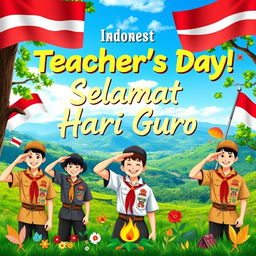 A vibrant and colorful poster to celebrate Teacher's Day in Indonesia, featuring a Scouting theme