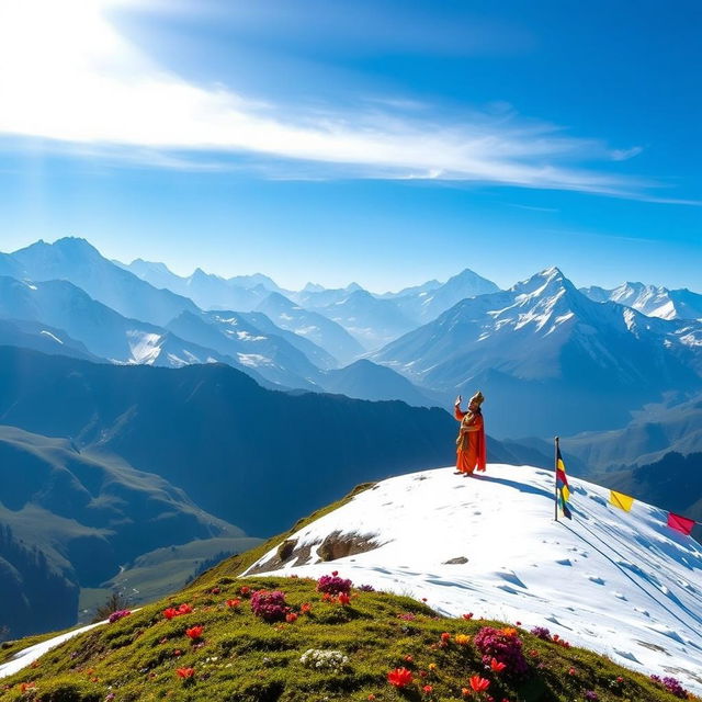 A serene landscape depicting Lord Swaminarayan standing majestically on the snow-capped peaks of the Himalayas, surrounded by majestic mountain ranges under a clear blue sky