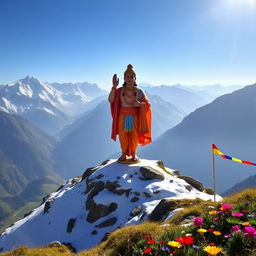 A serene landscape depicting Lord Swaminarayan standing majestically on the snow-capped peaks of the Himalayas, surrounded by majestic mountain ranges under a clear blue sky