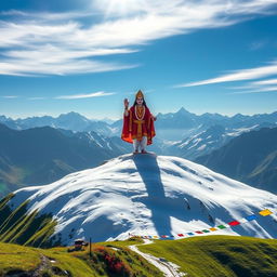 A serene landscape depicting Lord Swaminarayan standing majestically on the snow-capped peaks of the Himalayas, surrounded by majestic mountain ranges under a clear blue sky