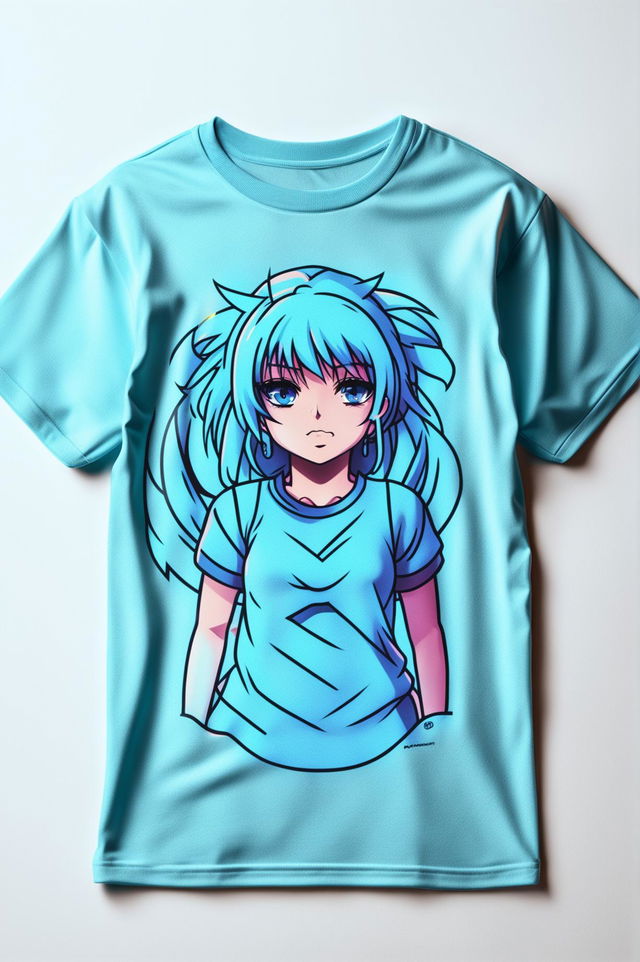 A 32k HD product editorial photo of a light blue graphic tee featuring a vibrant neon anime-style design