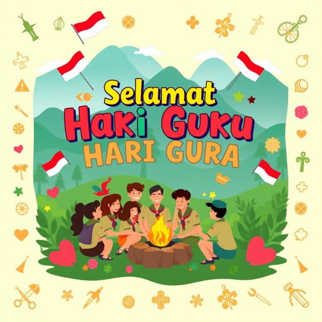 A vibrant poster design celebrating Teacher's Day (Hari Guru) in Indonesia with a Scouting theme