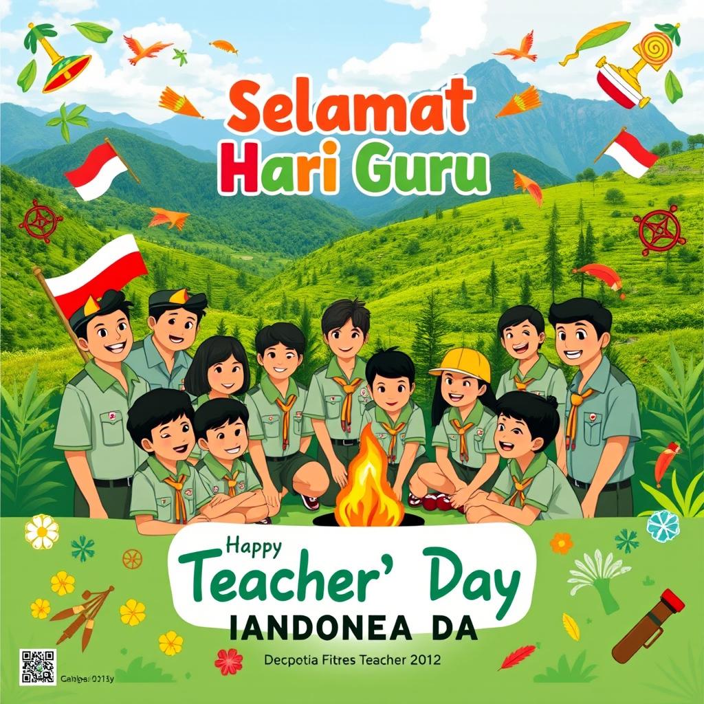 A vibrant poster design celebrating Teacher's Day (Hari Guru) in Indonesia with a Scouting theme