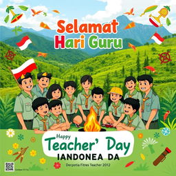 A vibrant poster design celebrating Teacher's Day (Hari Guru) in Indonesia with a Scouting theme