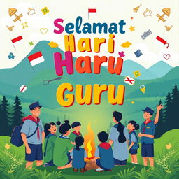 A vibrant poster design celebrating Teacher's Day (Hari Guru) in Indonesia with a Scouting theme
