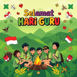 A vibrant poster design celebrating Teacher's Day (Hari Guru) in Indonesia with a Scouting theme