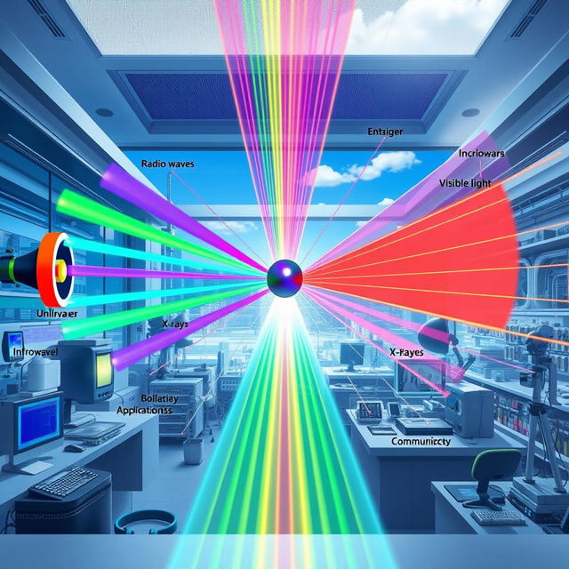 An educational illustration showcasing electromagnetic (EM) waves, creatively integrated with an emphasis on the application of Pister A4 technology