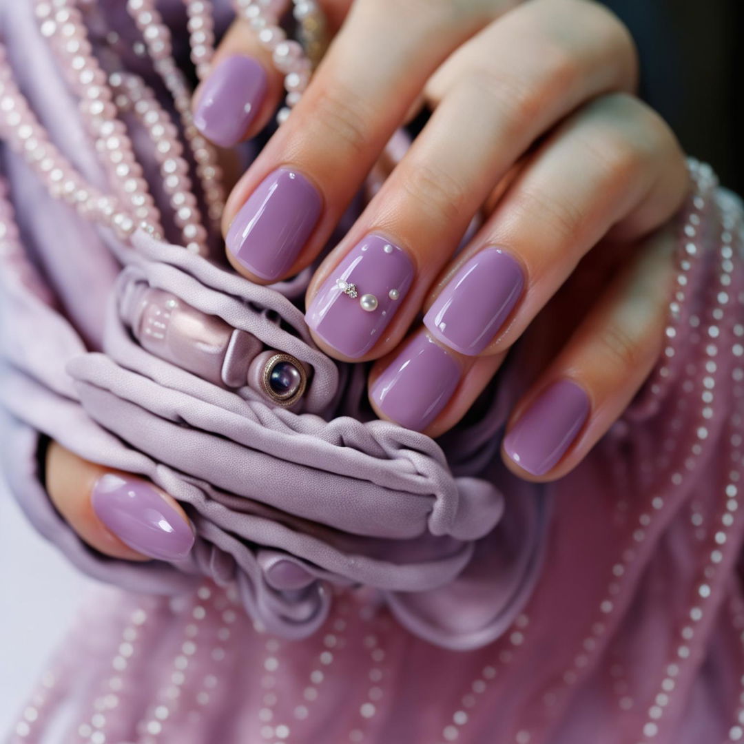 The image features a hand with nails painted in a glossy lavender shade, adorned with tiny, lustrous pearl nail charms