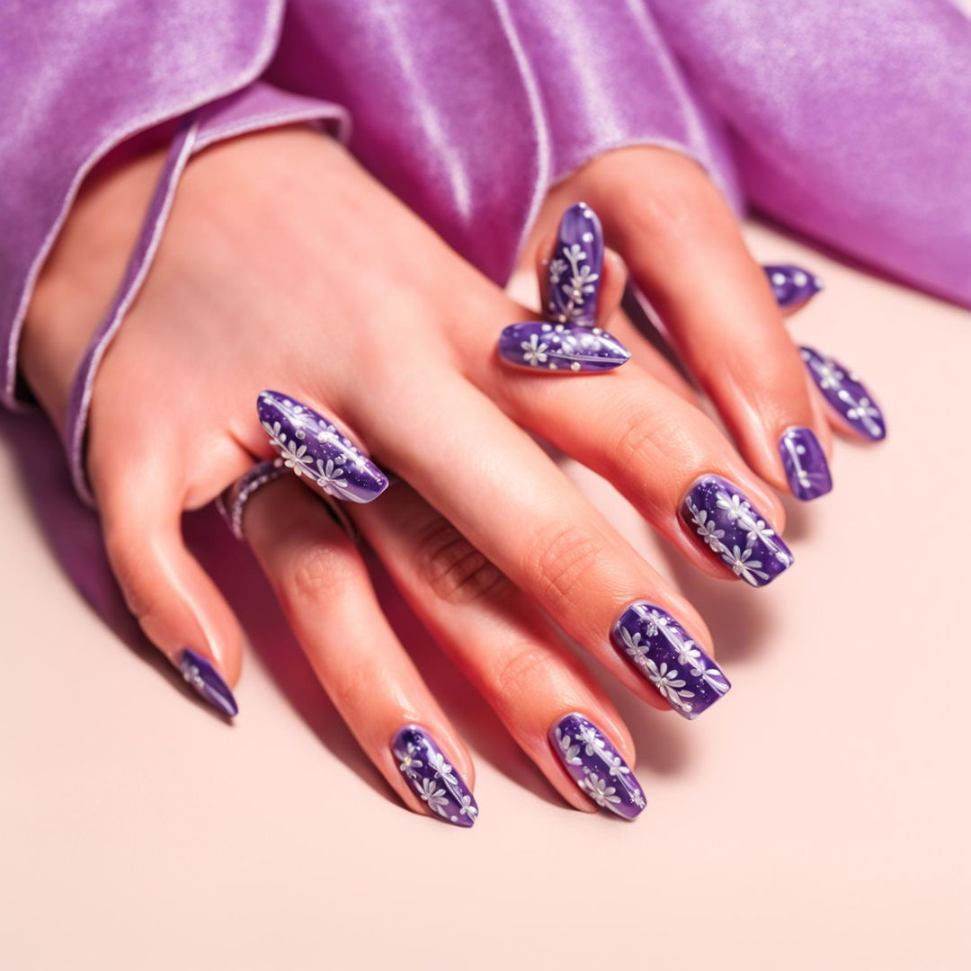 The image depicts a hand with nails painted in a glossy lavender shade, adorned with tiny, intricately designed flower nail charms