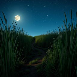 A tranquil night scene depicting towering grasslands illuminated by a starry sky