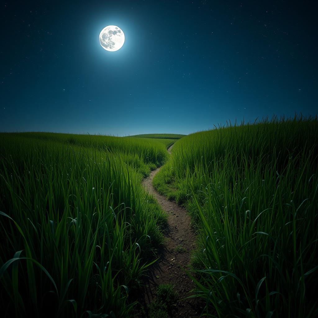 A tranquil night scene depicting towering grasslands illuminated by a starry sky