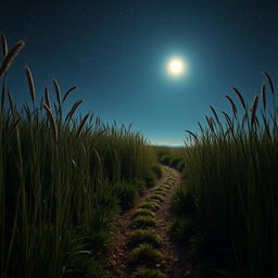 A tranquil night scene depicting towering grasslands illuminated by a starry sky