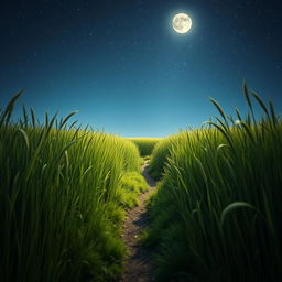 A tranquil night scene depicting towering grasslands illuminated by a starry sky