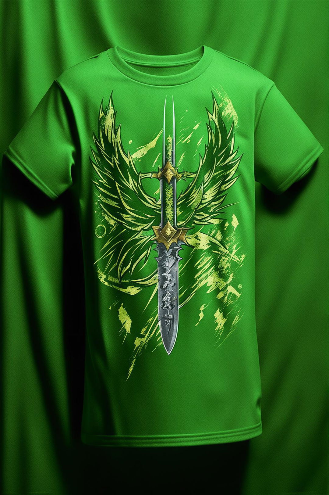 A 32k HD product editorial photo of a green graphic tee featuring a design of an anime-style blade