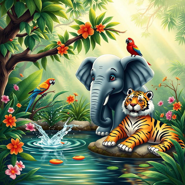 A heartwarming scene depicting various jungle animals enjoying a lovely moment together