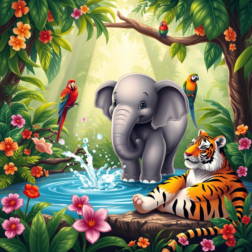 A heartwarming scene depicting various jungle animals enjoying a lovely moment together