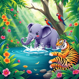 A heartwarming scene depicting various jungle animals enjoying a lovely moment together