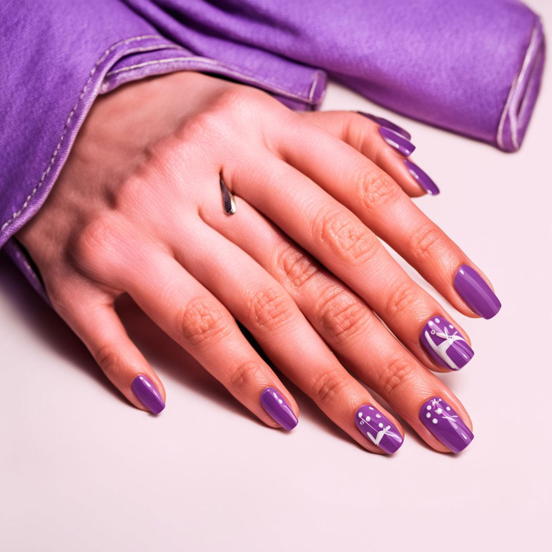 The image depicts a hand with nails painted in a glossy lavender shade, each nail featuring a unique white design