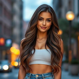 A realistic portrait of a pretty young woman with long, wavy brunette hair, wearing a trendy crop top and high-waisted jeans