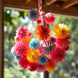A beautifully crafted handmade decoration made from colorful paper balls, intricately arranged in a vibrant and artistic display